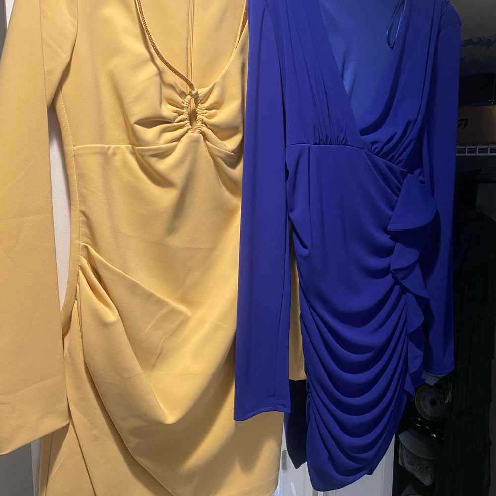 Elegant Yellow and Blue Ruched Dresses